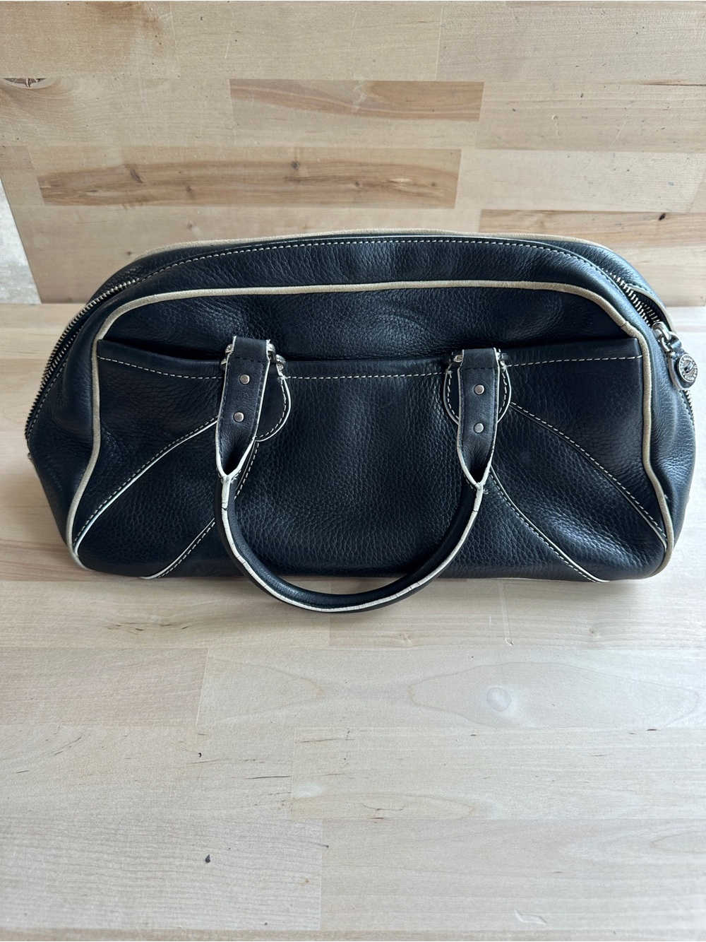 Cole Haan Black Leather Duffel with Cream Trim